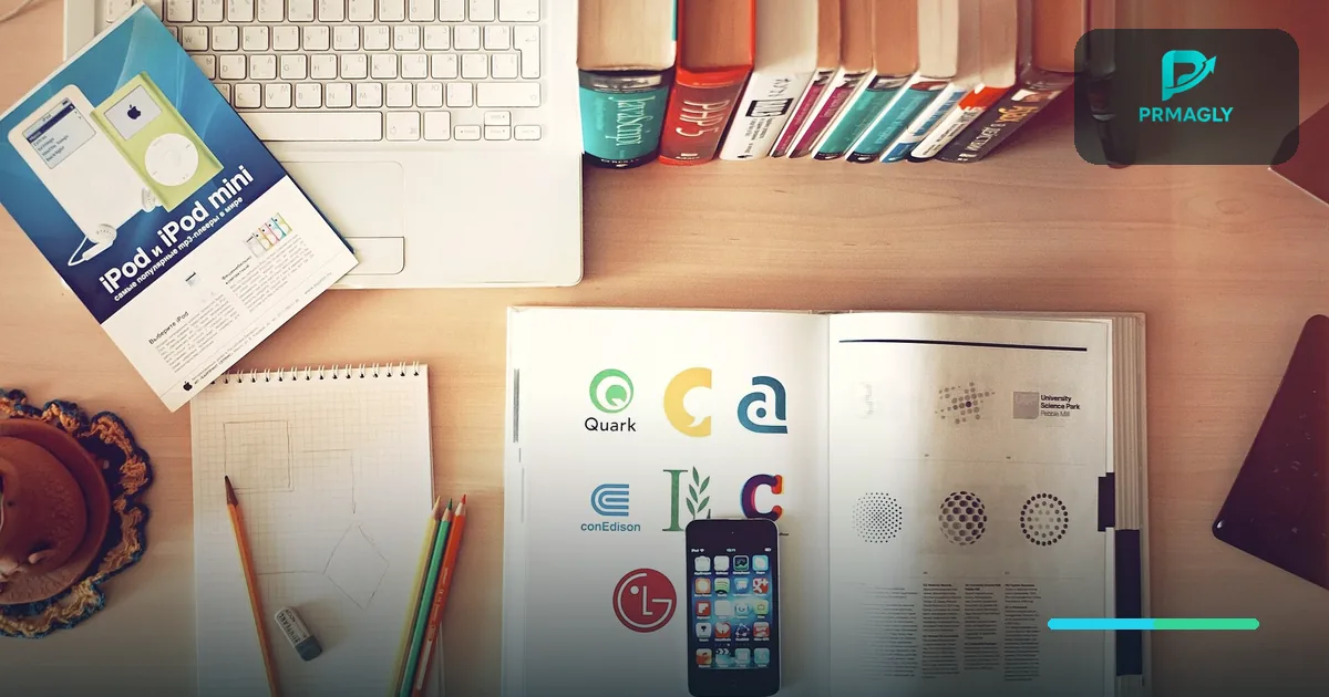 مكتب مصمم عليه لابتوب وهاتف وأقلام وعينات تصميم مطبوعة